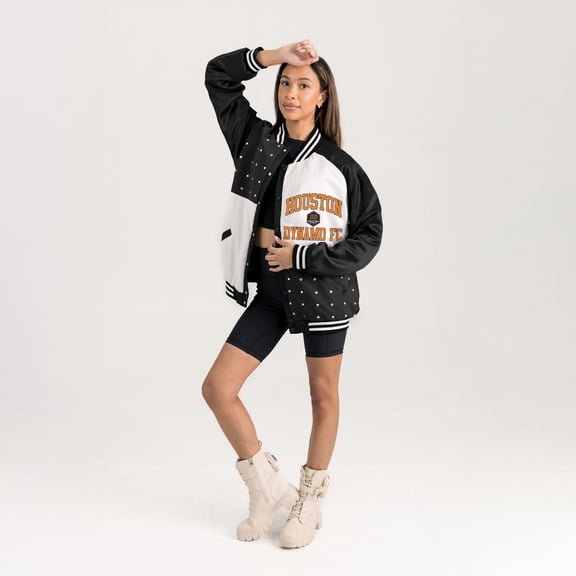 Women's Gameday Couture Black Houston Dynamo FC Refined Rivalries Rhinestone Raglan Full-Snap Varsity Bomber Jacket