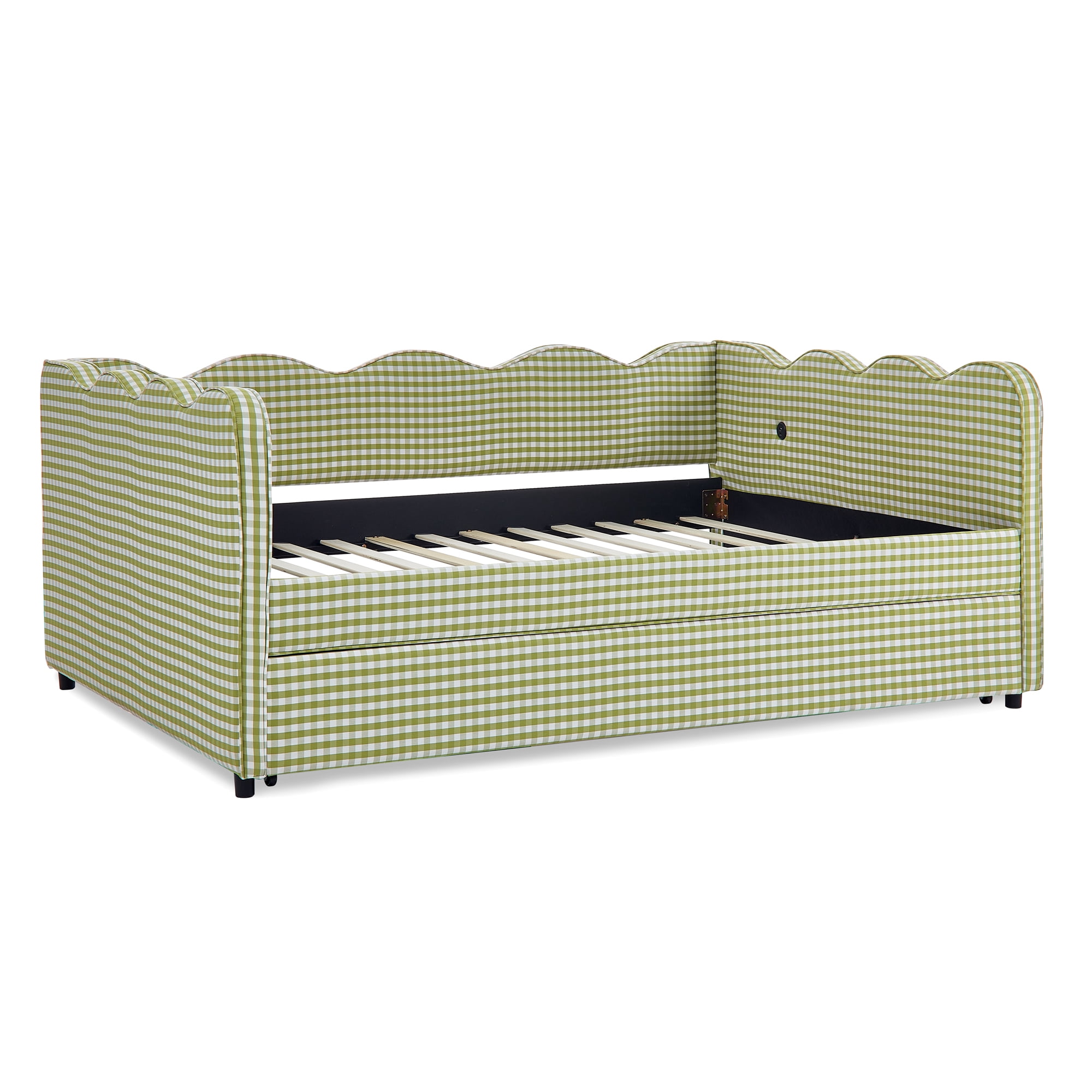T-Serenity Gingham Daybed with Adjustable Trundle & USB Port, Wave-Shaped Full Size Sofa Bed, No Box Spring Needed, Green