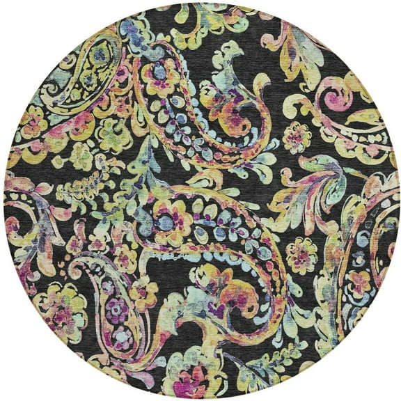 HomeRoots 588596 8 ft. Round Paisley Washable Indoor & Outdoor Area Rug, Black & Artichoke Green