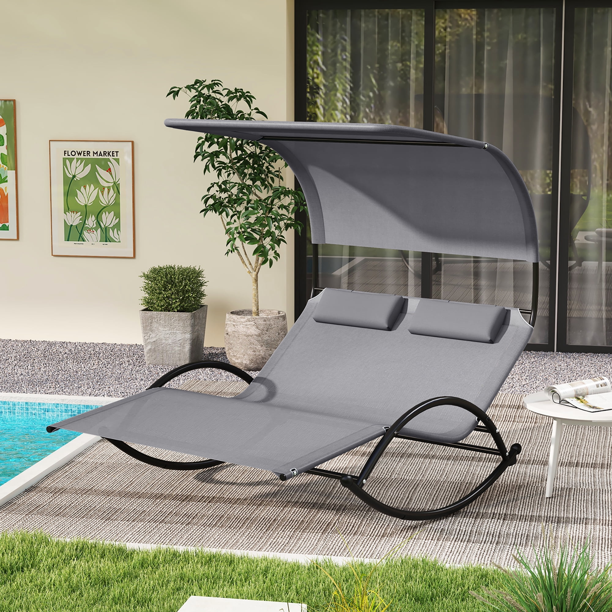 Gymax Outdoor Double Chaise Rocker Rocking Daybed Sun Lounger w