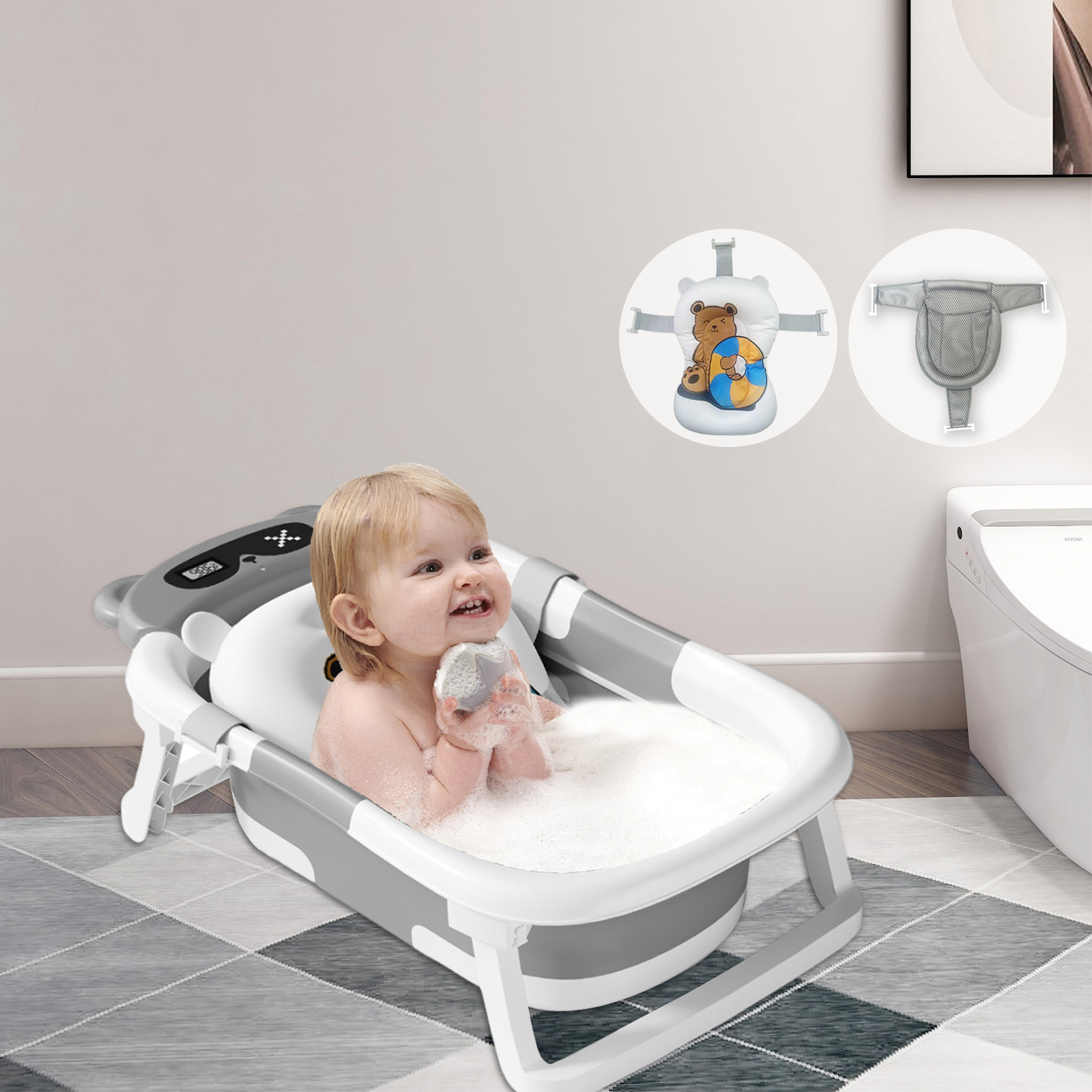 Stusgo Collapsible Baby Bathtub with Cushion & Thermometer, Grey photo 4