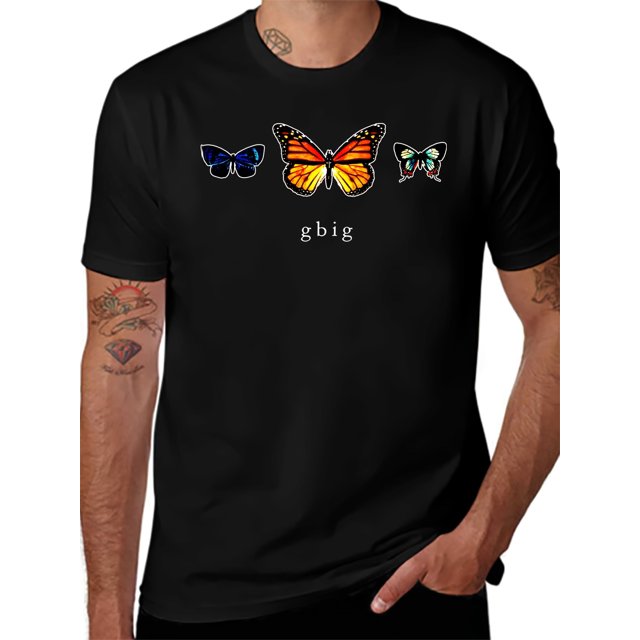 T-shirt à Col Rond en Coton Doux pour Hommes avec Imprimé Graphique Papillon Audacieux et 'Gbig' Noir Manches Courtes Décontracté
