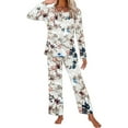thumbnail image 3 of Jinhomg Women's Trendy Pajamas Sets 2 Piece Fall Winter Comfy Sleepwear Elegant Floral Print Long Sleeve Top and Straight Leg Pants Beige L, 3 of 6