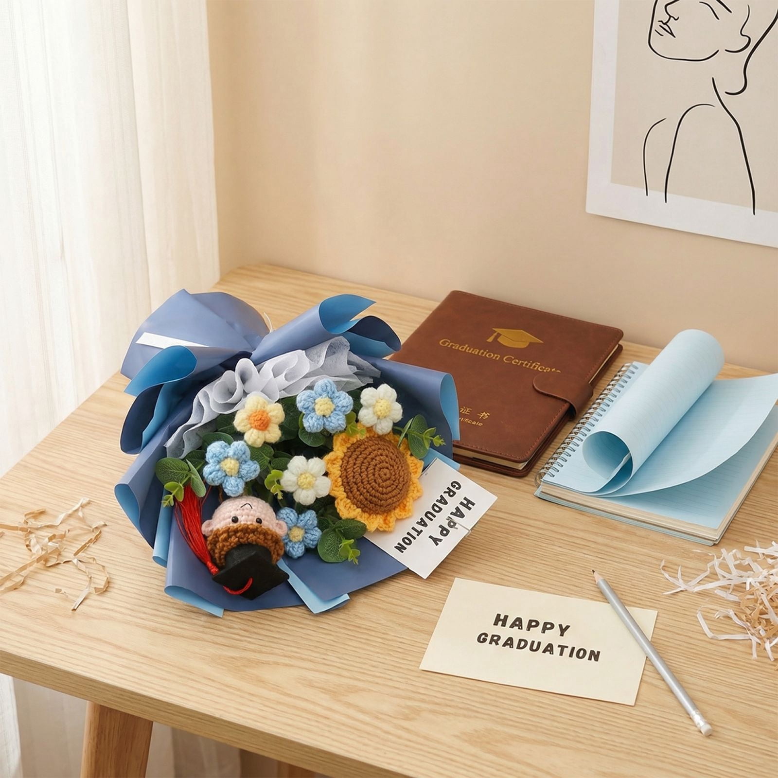 Graduation Season Knitted Wool Flower Bouquet with Sunflower Puff Design - Blue Color, Includes "Happy Graduation" Card and Mini Graduation Cap Decor - For Graduation Gift, Adult Ceremony Present, Gi