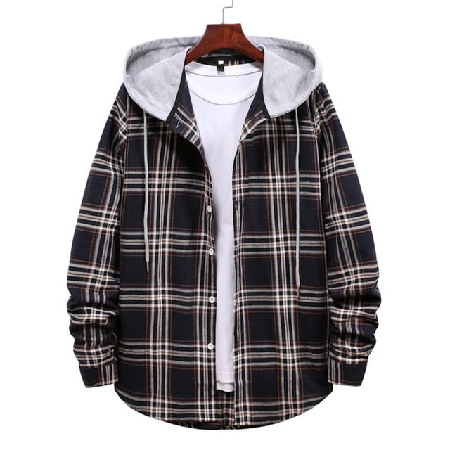 Mgmyaa Men's Plaid Hooded Jacket Drawstring Outdoor Flannel Shacket Casual Loose Fit Button Down Shirt