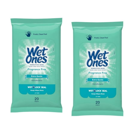 2 Pack Wet Ones Sensitive Skin Hand Wipes Travel Pack, Fragrance Free, 20 Ct