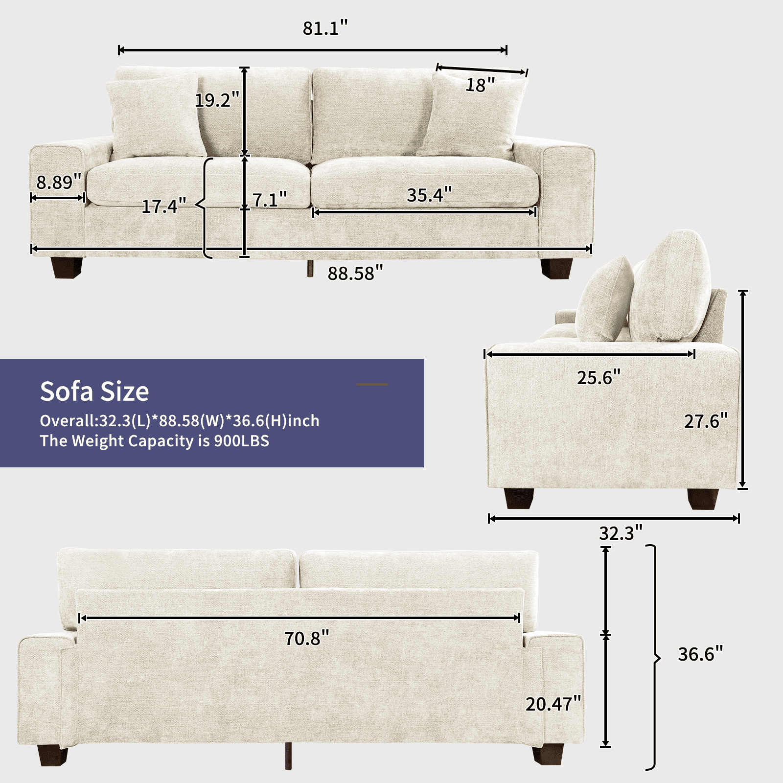 88.58" Modern Sofas Couches for Living Room with Removable Sofa Cushion and Detachable Sofa Cover, Solid Wood Frame ,Easy to Install (Beige)