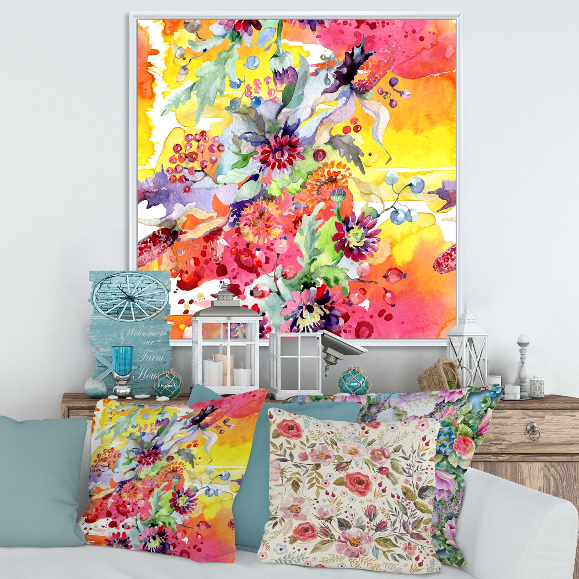 Designart 'Wildflowers and Vibrant Wild Spring Leaves' Modern Framed Canvas Wall Art Print