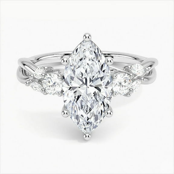 First Jewelry 2.2 Ct Marquise Cut Moissanite Rings - 14K White Gold Plated Rings - Engagement Solitaire with Accent Rings for Women - Elegant Special Occasion Rings - Split Shank Wedding Gift