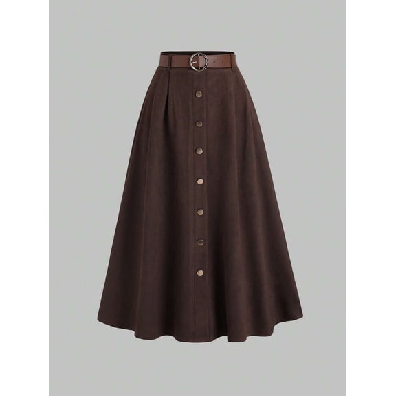 High Waist A-Line Midi Skirt for Women Button Front Pleated Belted Flared Office Workwear Elegant