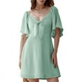 thumbnail image 1 of Robes pour Femmes Printemps Été Décolleté en V Profond Élégante Robe Courte à Nœud Vert Pâle S, 1 of 8