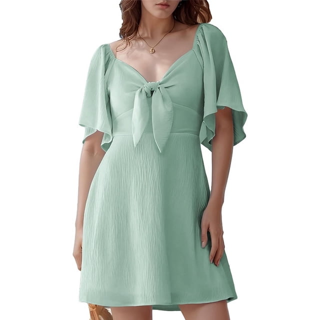 Robes pour Femmes Printemps Été Décolleté en V Profond Élégante Robe Courte à Nœud Vert Pâle S