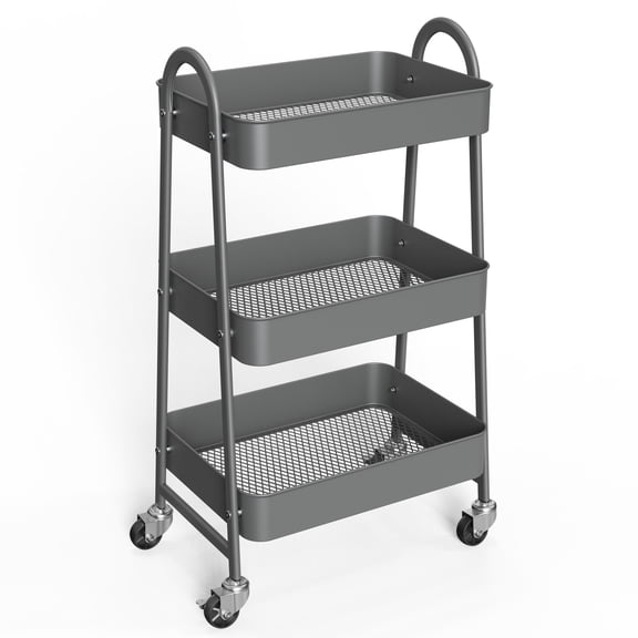 CONCETTA 3-Tier Utility Rolling Cart, Metal Mobile Storage Rack with Lockable Castors for Office, School, Bathroom, Gray