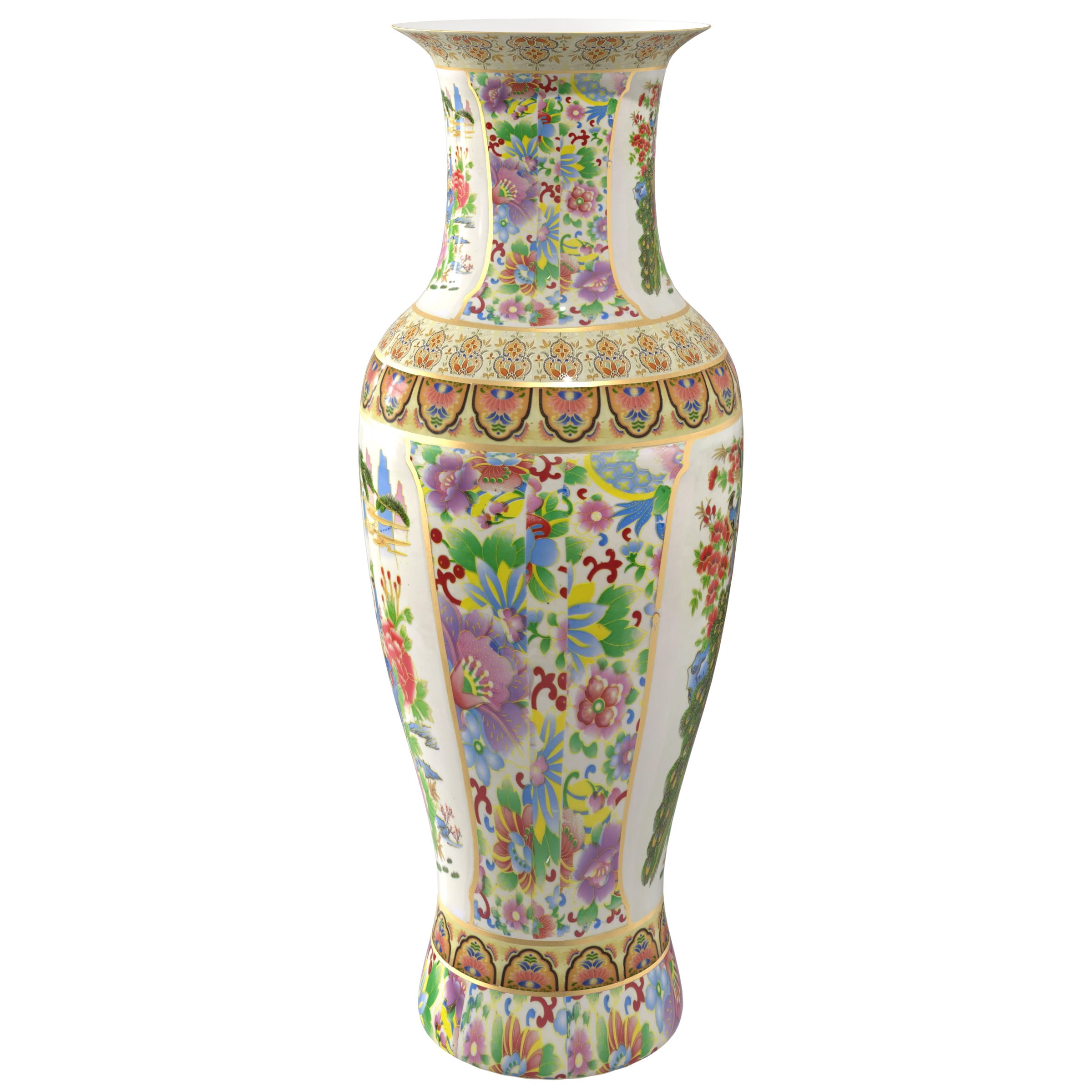 Large 36" Satsuma Birds & Flowers Porcelain Tung Chi Vase