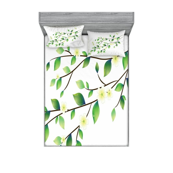 Ambesonne Animal Fitted Sheet & Pillow Sham Set, Flower and Dragonflies, Full, Green White