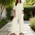 thumbnail image 6 of Jsaierl Cotton Linen Sets for Women 2 Piece Outfits Summer Loose 3/4 Sleeve Oversized Top and Wide Leg Pants Sets Loungewear, 6 of 8