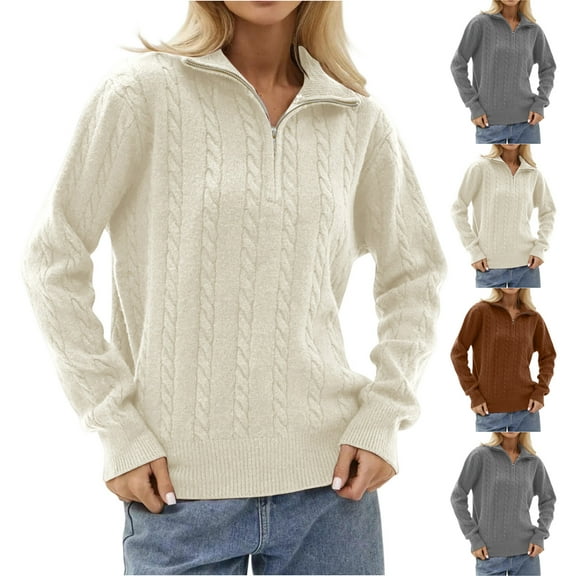Women's Fashion Casual Loose Lazy Versatile Short Retro Cable Half Zip Long Sleeve Knit Sweater Pullover Sweater for Fall Winter Layering Pieces,Brown,One Size