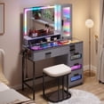 thumbnail image 2 of Gurexl Vanity with Mirror and LED Lights, Glass Top Vanity Desk with Charging Station(Wireless+USB+Type-C), RGB Makeup Table Set with Stool/Makeup Organizer/6 Drawers, Grey, 2 of 8
