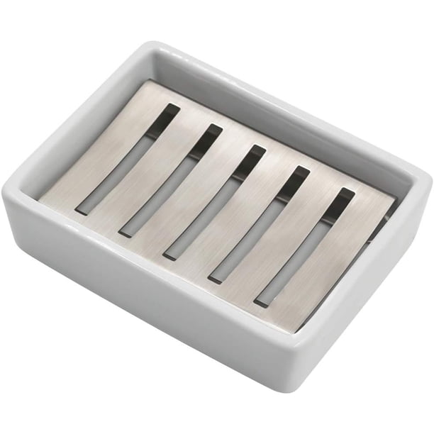 Porta Jabón de Acero Inoxidable y Cerámica, Doble Capa con Bandeja de Drenaje - ¡Dile Adiós al Jabón Blando y Húmedo! Fácil de Limpiar para Baño y Cocina (Jabonera Blanco) Soap Dish
