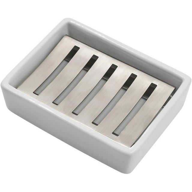 Porta Jabón de Acero Inoxidable y Cerámica, Doble Capa con Bandeja de Drenaje - ¡Dile Adiós al Jabón Blando y Húmedo! Fácil de Limpiar para Baño y Cocina (Jabonera Blanco) Soap Dish