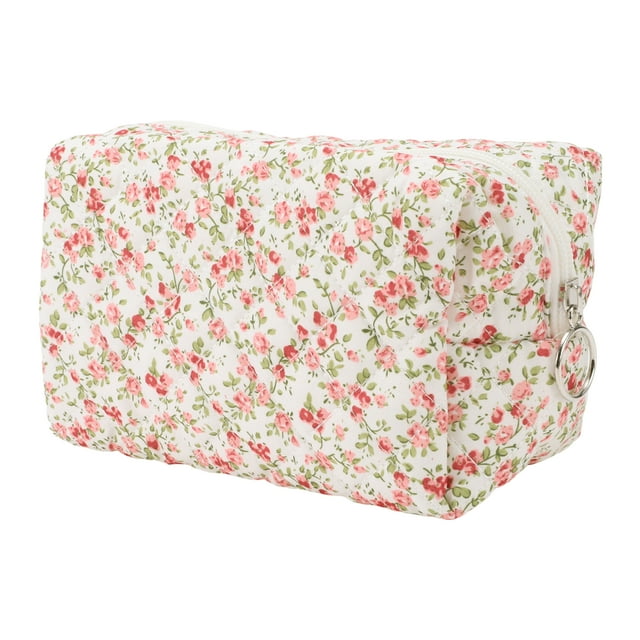 Bolsita de maquillaje portátil para mujeres con patrón de flores, ideal para viajes y vacaciones, de algodón en color rosa y verde