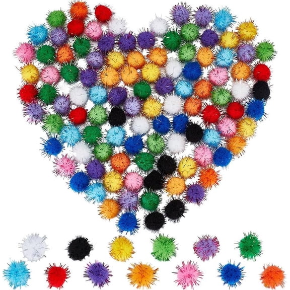 130Pcs Glitter Pom Poms Tinsel Pompom Bulk Colorful 15mm Fibre Sparkle Ball Soft Fluffy Decor Round Fuzzy Tinsel Balls Glitters Pompoms for DIY Art Crafting Cat Pet Christmas Party Decor
