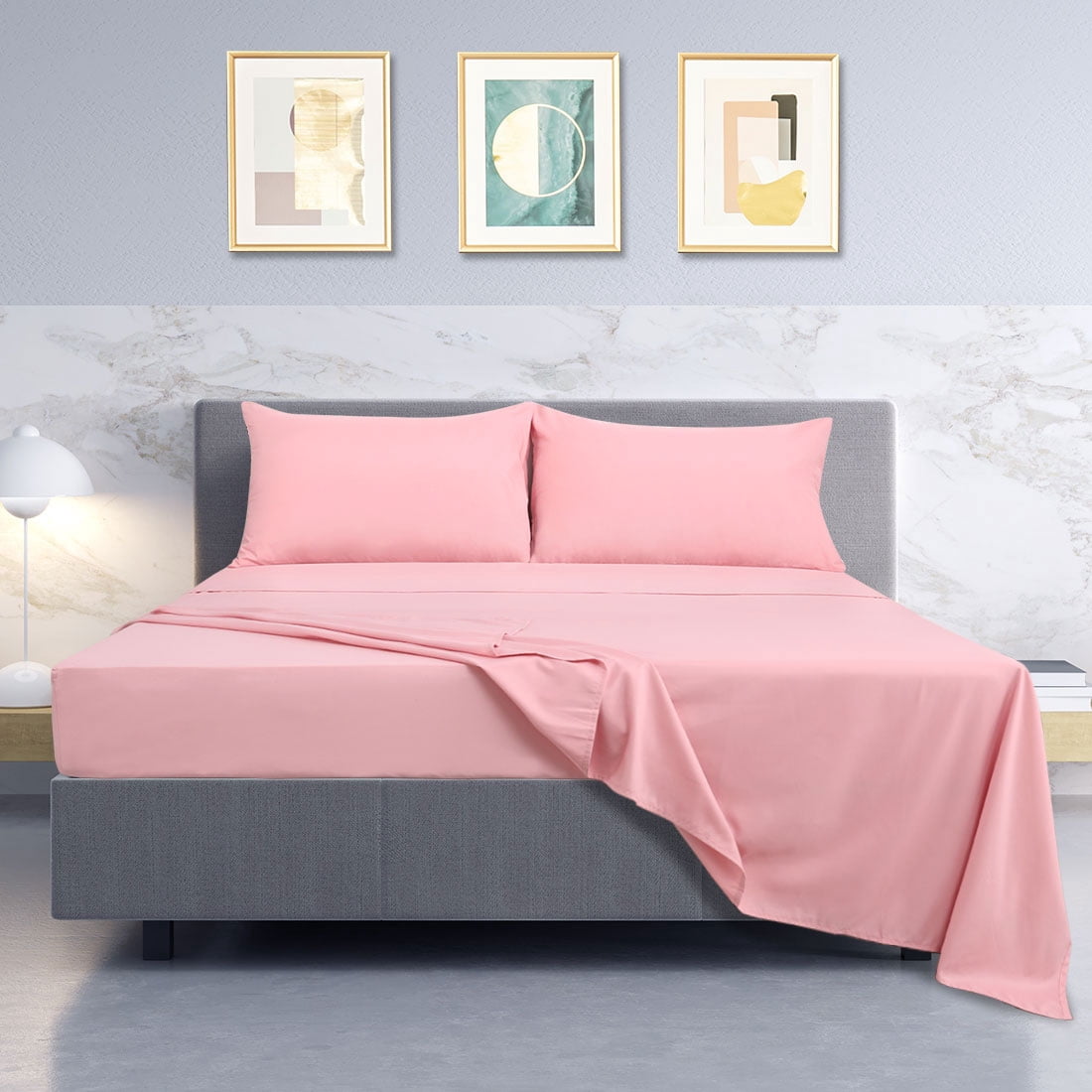 Unique Bargains 4 Piece Brushed Polyester Bed Sheets Set Queen Pink