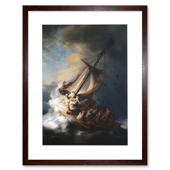 Old Master Painting Rembrandt Christ Storm On Sea Of Galilee 1633 Disciples Biblical Scene Framed Wall Art Print Picture 12X16 inch