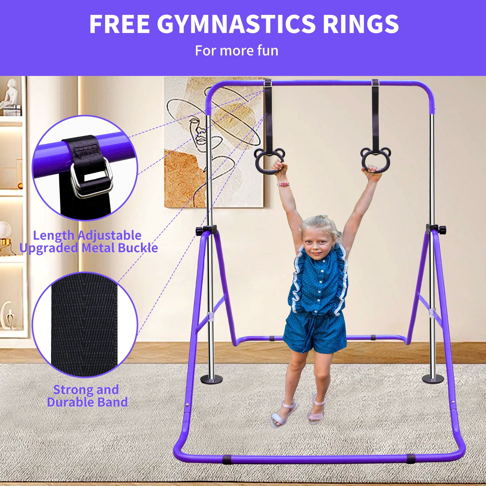 Aukfa Expandable Gymnastic Bars,Adjustable Height Gymnastic Horizontal Bars for Kids, Folding Training Bars,Purple