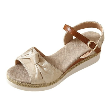 QYZEU Womans Sandles Womens Buckle Sandals Ladies Summer Bow Embroidery Glossy Large Size Slope Heel Beach Sandals Dressy Sandals for Women Beige