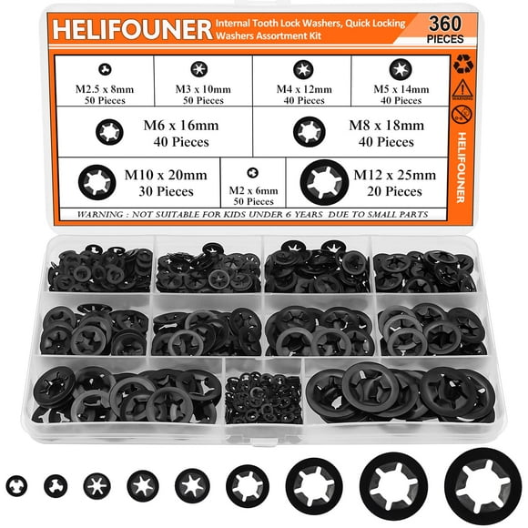 Helifouner 360 Pieces 9 Sizes Internal Tooth Star Lock Washers Quick Speed Locking Washers Push Nuts Speed Clips Retaining Clips Fasteners Assortment Kit