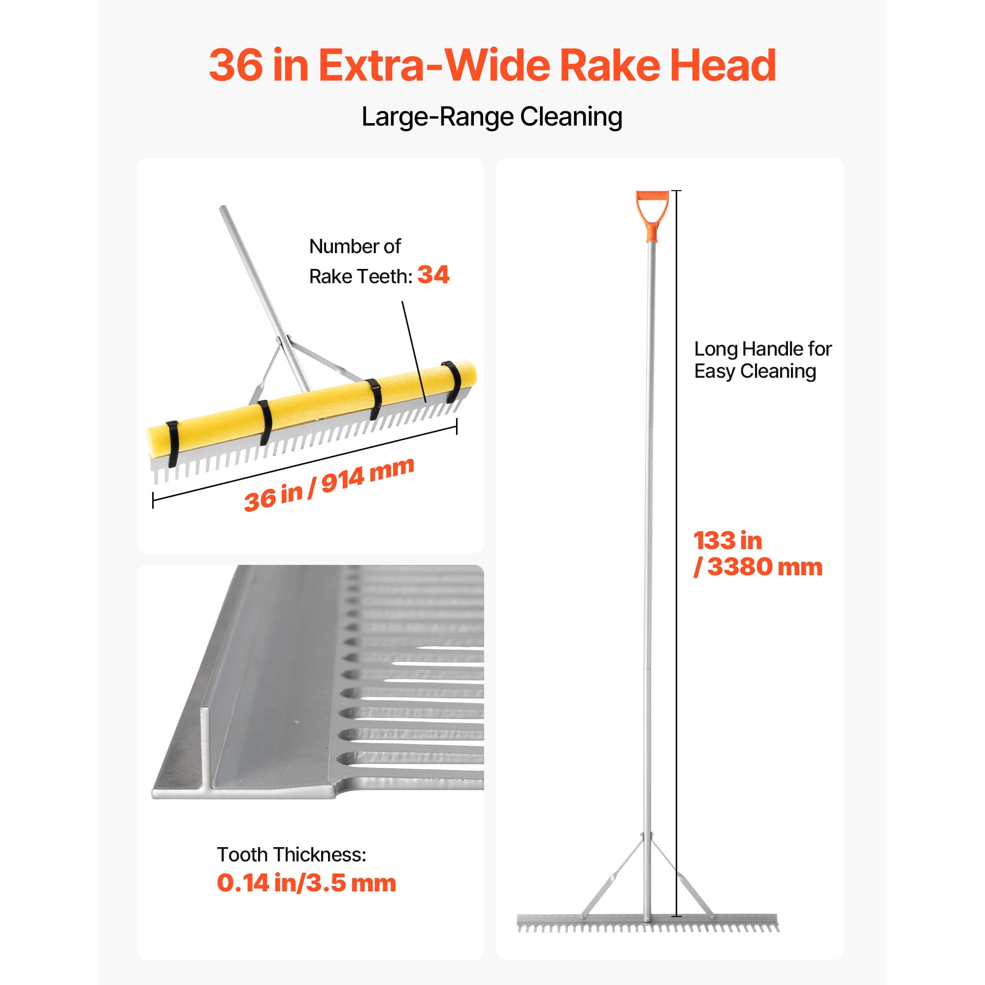 KFFKFF 36-Inch Landscape Rake with 133-Inch Handle, Durable Aluminum Rake for Soil Preparation, Garden and Yard Maintenance, Leveling Asphalt, and Managing Gravel,and Beach Areas, Includes 52ft Rope