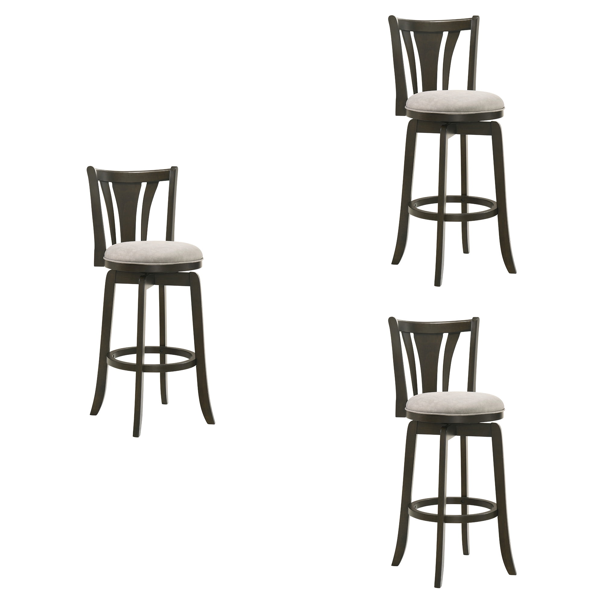 Elle 30 in. Dark Roast Bar Height Rubberwood Swivel Barstool with Grey Fabric Seat - Set of 3