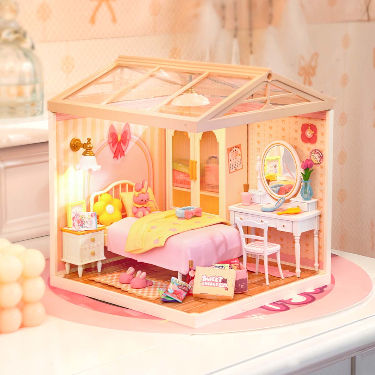rolife, DIY Miniature Dollhouse, Pink Bedroom, 105 Pieces