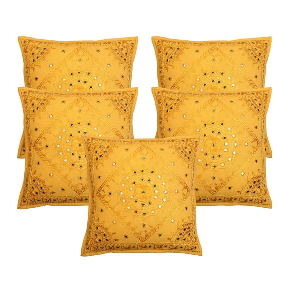 Stylo Culture Ethnic Couch Throw Pillow Covers 16x16 Hand Embroidered Mustard Yellow Boho 40x40 cm Home Decor Cotton Mirrored Square Cushion Covers | Set Of 5