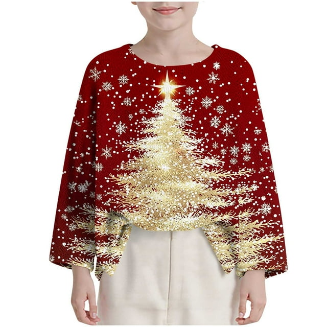 RXMEKW Chandail à Manches Longues à Imprimé de Noël pour Garçons, Col Rond, Haut en Tissu Doux, Rouge, Taille 120