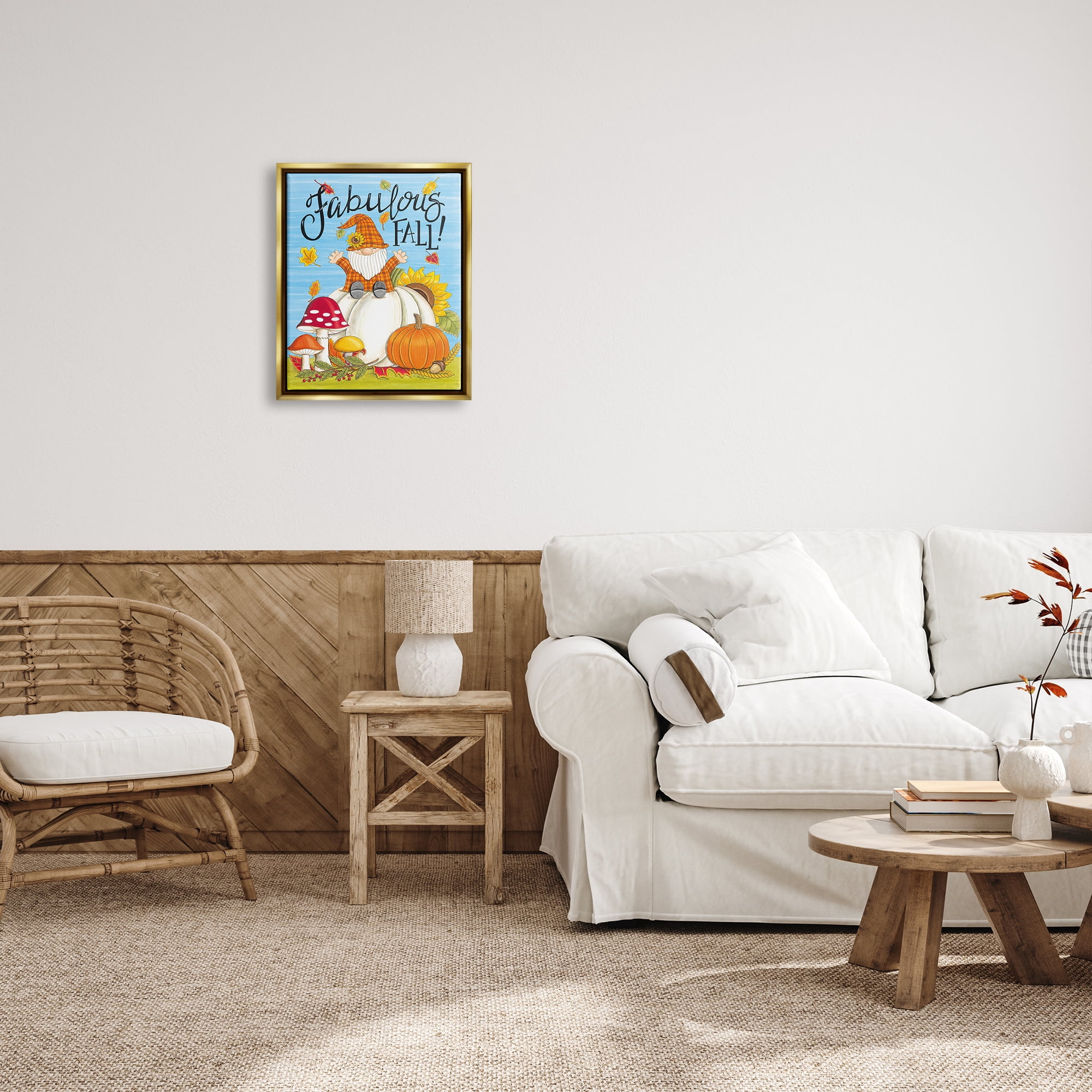 Stupell Industries Fabulous Fall Gnome Holiday Painting Gold Floater Framed Art Print Wall Art, 17 x 21