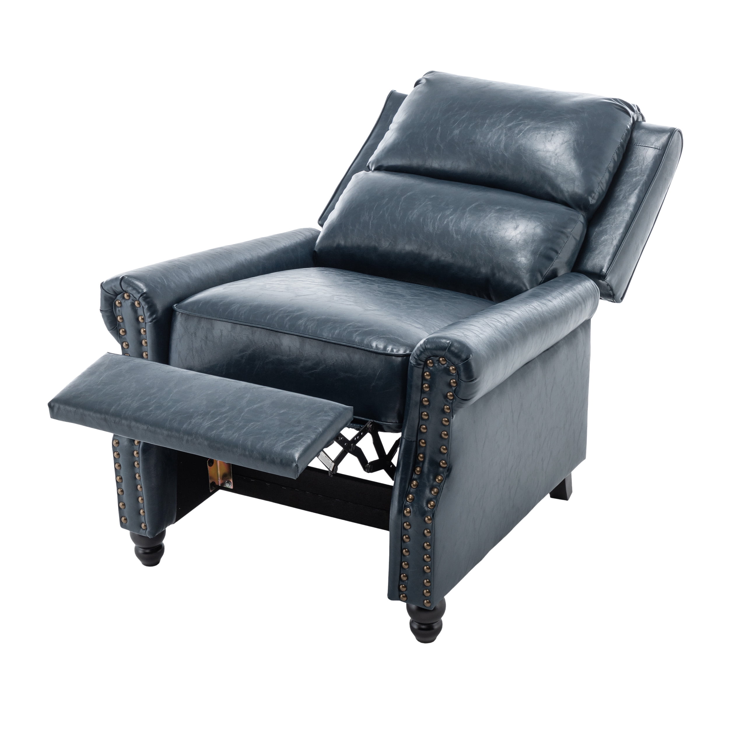 Push Back Recliner Armchair Faux Leather Wingback Accent Chair for Living Room,Navy Blue