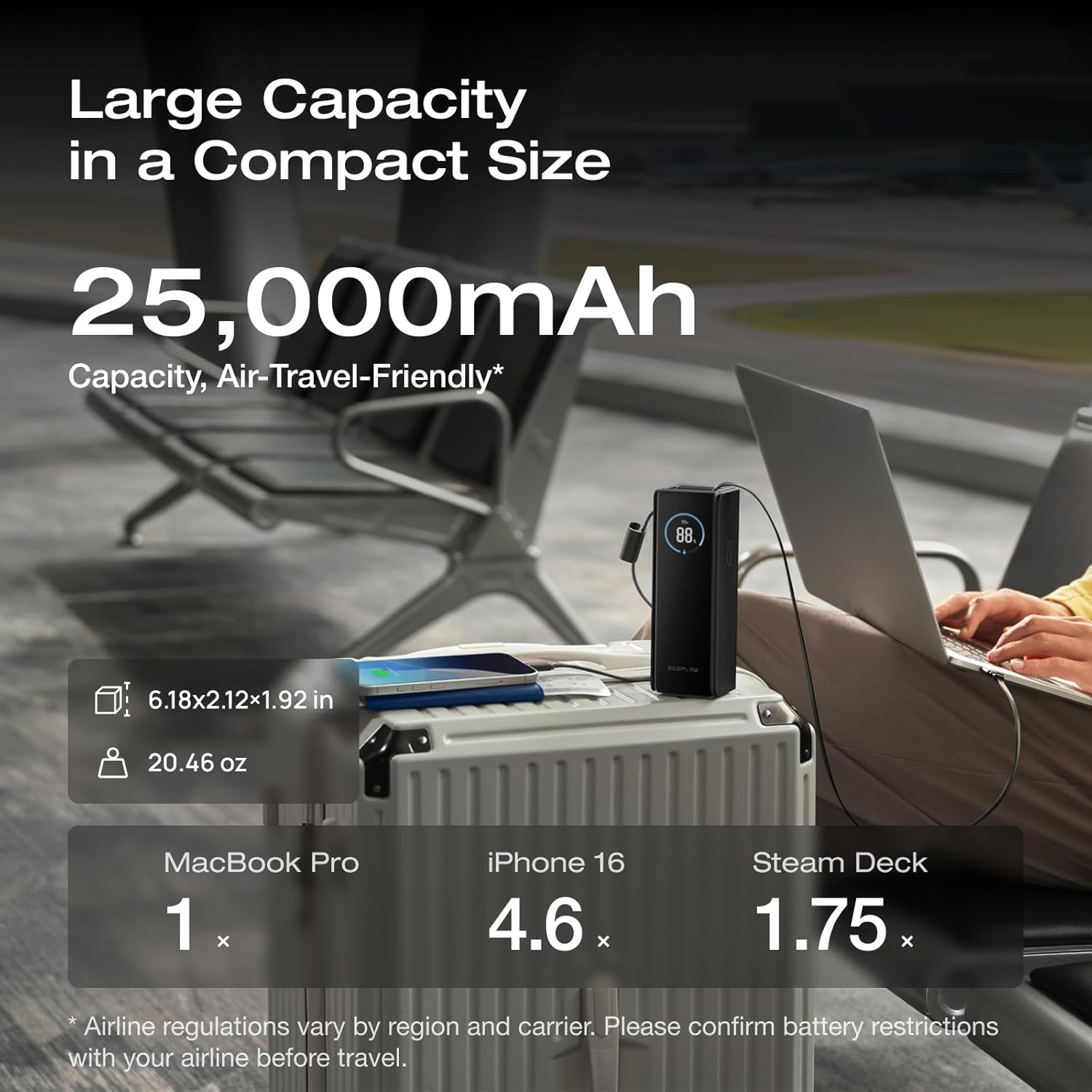 EF EcoFlow Rapid Power Bank, 25,000mAh, 100W Built-in and Retractable Cables, 170W Portable Charger with Triple 100W USB-C Port, Compatible with iPhone Series, Samsung, Laptop and More, Black