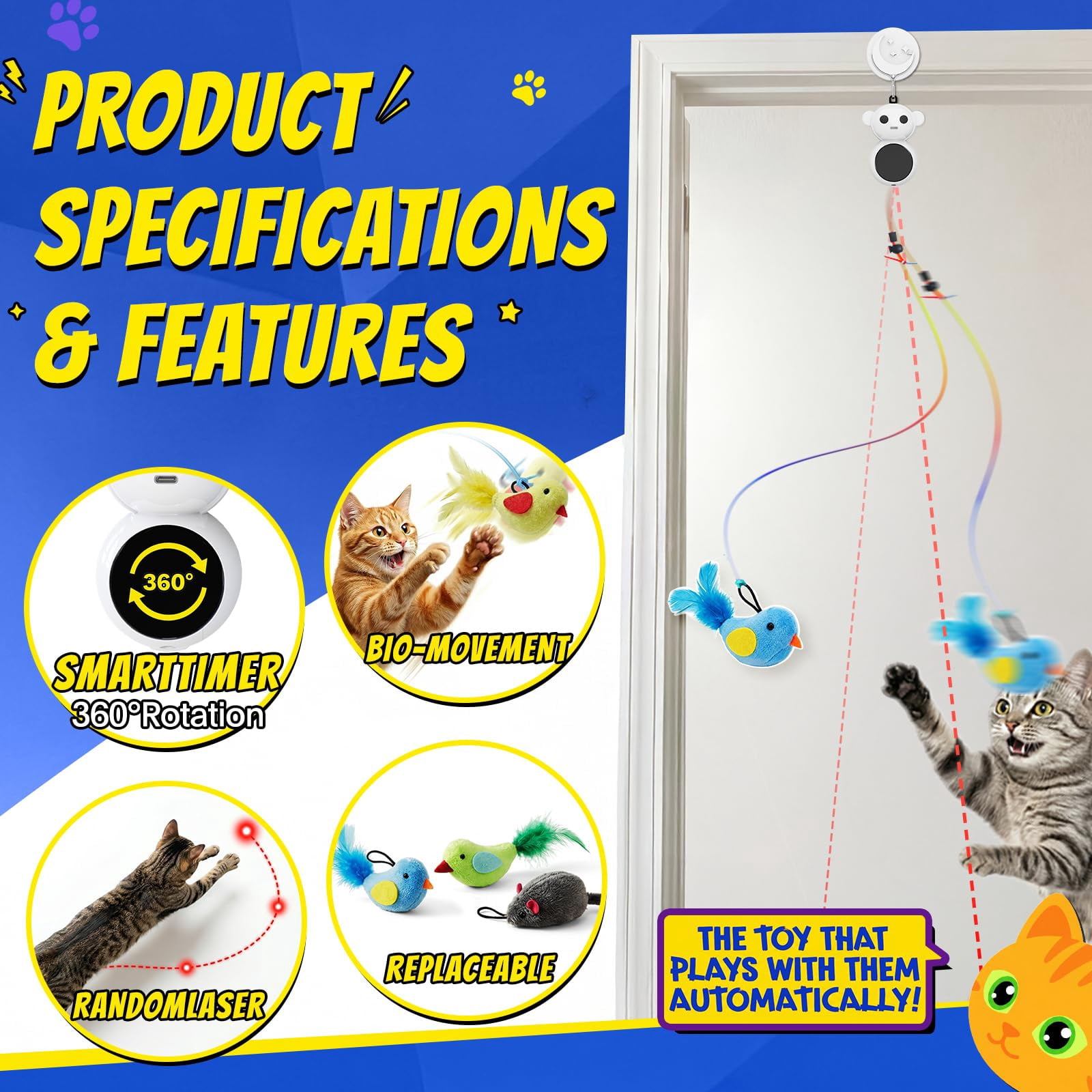 Interactive Cat Toys For Indoor Cats - 2 In 1 Automatic Pointer With Flying Bird Smart Moving Mouse Wand  Auto On/off Hanging Bored Kitten & Adult Cats(blue)