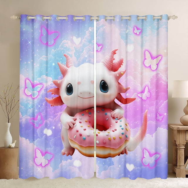 Cartoon Axolotl Windows Drapes Block 30%-50% Light,Sweet Donut Dessert Home Decor Curtains for Living Room,Butterfly Star Purple Gradient Window Drapes 38Wx54L Inches Set of 2 Panels