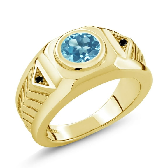 Gem Stone King 2.23 Ct Swiss Blue Topaz Black Diamond 18K Yellow Gold Plated Silver Men's Ring