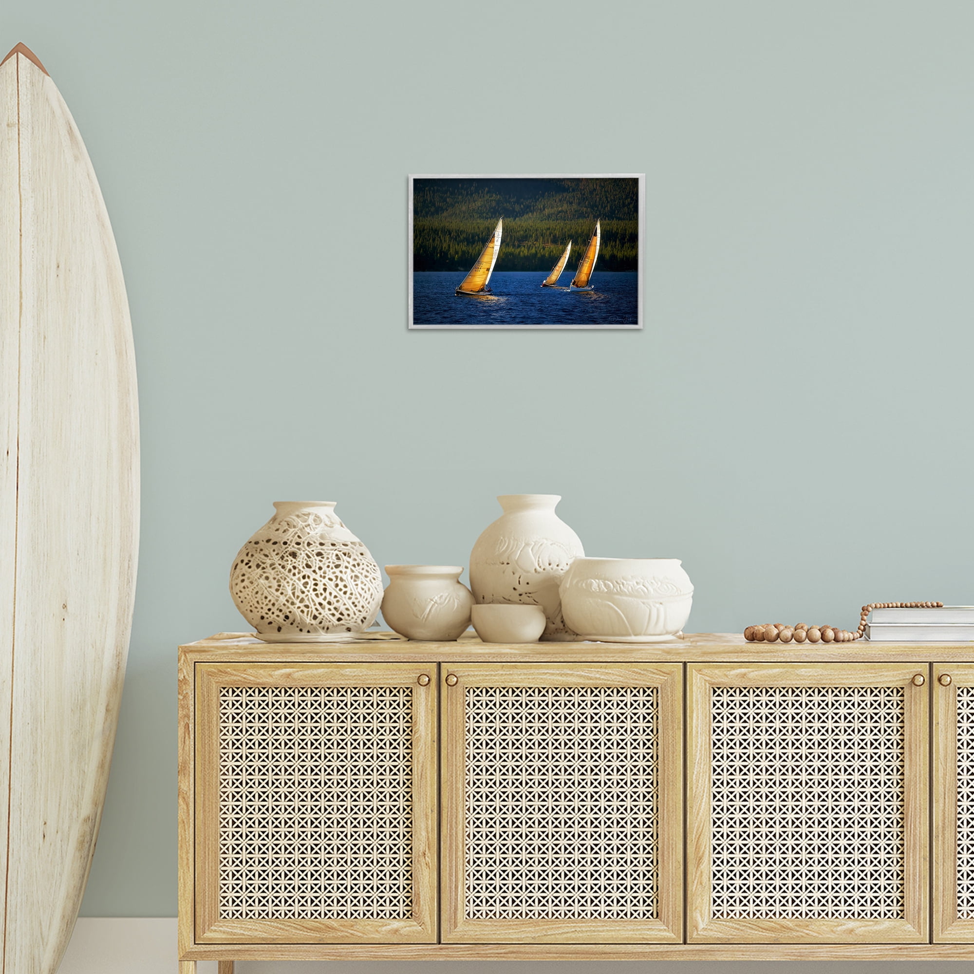 Stupell Industries Floating Sailboat Trio Transportation Photography Gray Framed Art Print Wall Art, 18 x 12