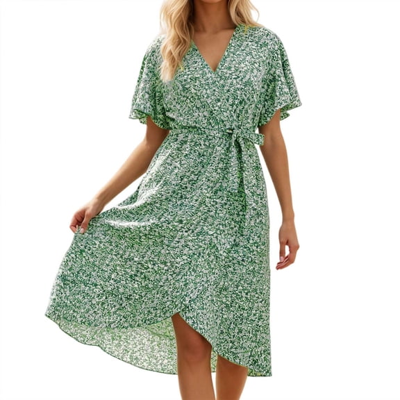 IWRICH Women's Plus Size Maxi Dress Short Sleeve Wrap V Neck High Low Split Ruffle Long Dress Green XL