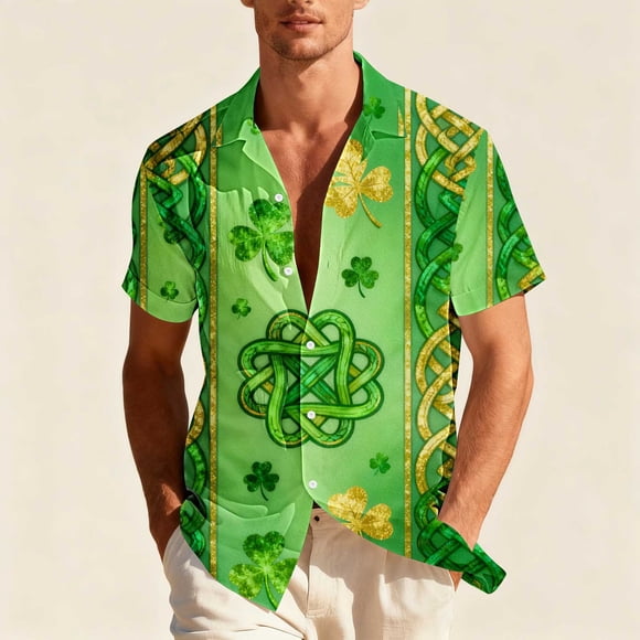 NTACZA Chemise pour Hommes Manches Courtes Trèfle de la Saint-Patrick Chemise Boutonnée Aloha Shamrock Col T-Shirts pour Hommes m