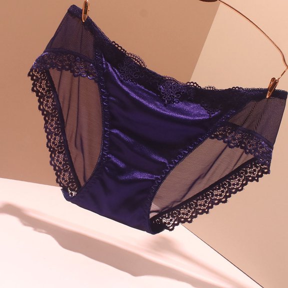 Women Transparent Lace Seamless Underwear Soft Comfortable Triangle Panties Sheer Breathable Elastic Fit Daily Wear, L, Dark Blue