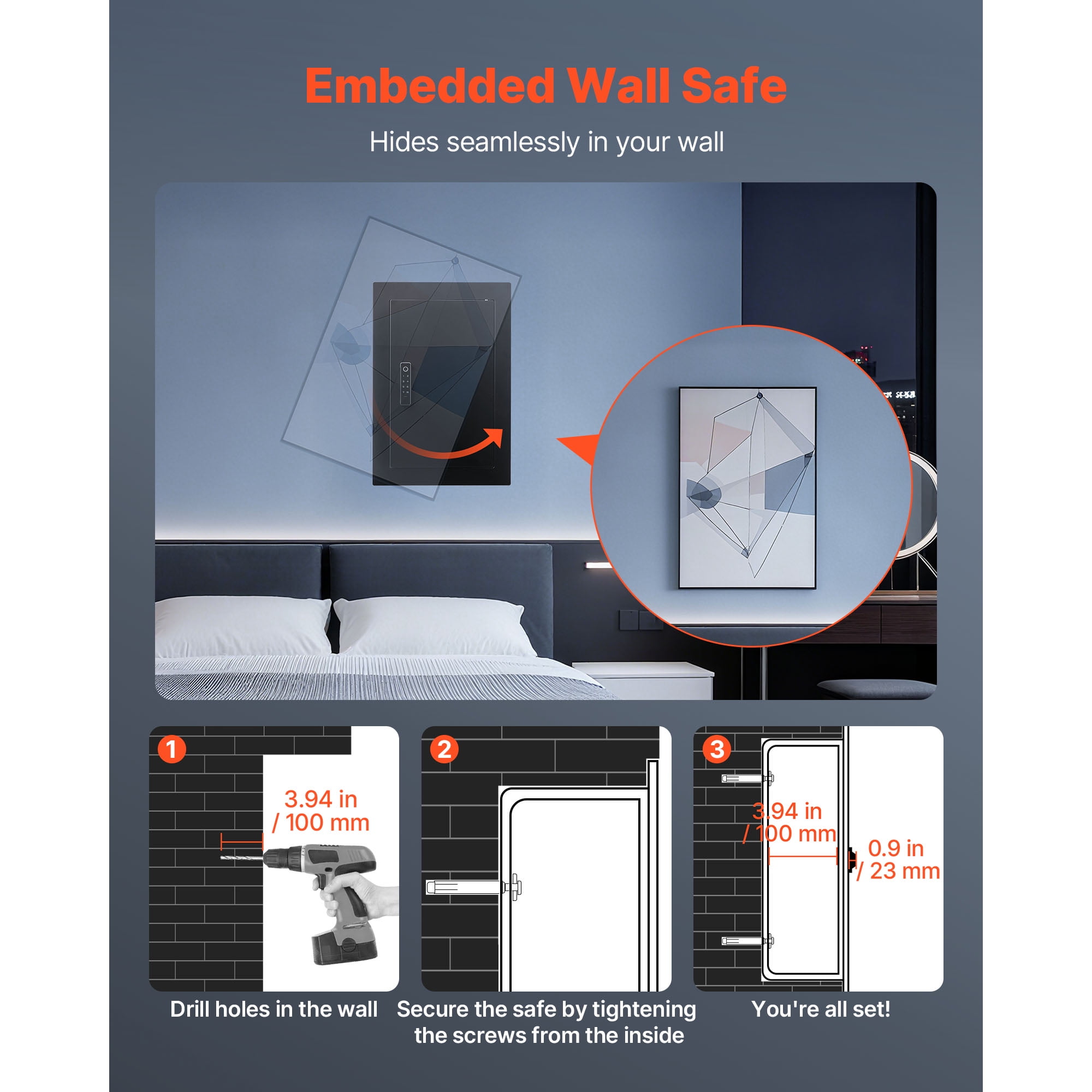 KFFKFF 3-Tier Hidden Wall Safe with Fingerprint Access, Password, Key, and Turning Knob, Durable Steel Construction with Adjustable Shelves and Key Holders for Secure Storage of Valuables