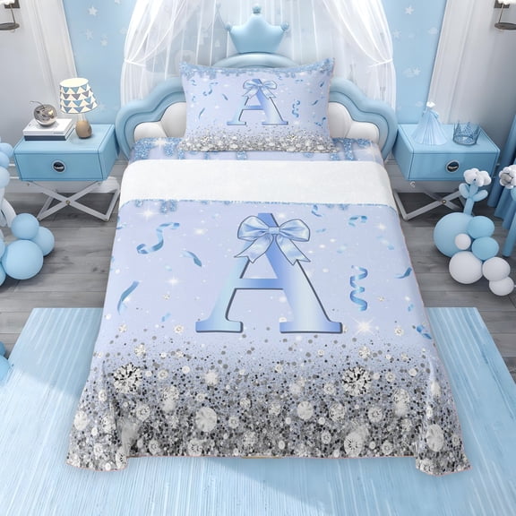 Erosebridal Blue Sparkle Sequins Print Twin Sheet Sets for Girls, Monogrammed A Bedding, 3pcs, 1 Flat Sheet, 1 Fitted Sheet and 1 Pillowcase