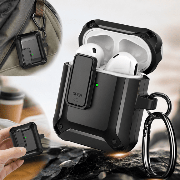 GENREEN for Airpods Case 2nd 1st Generation Lock, Rugged Armor airpod 2nd 1st Gen Protective Cover Men Women for Apple Airpod 1/2 Case (Black)