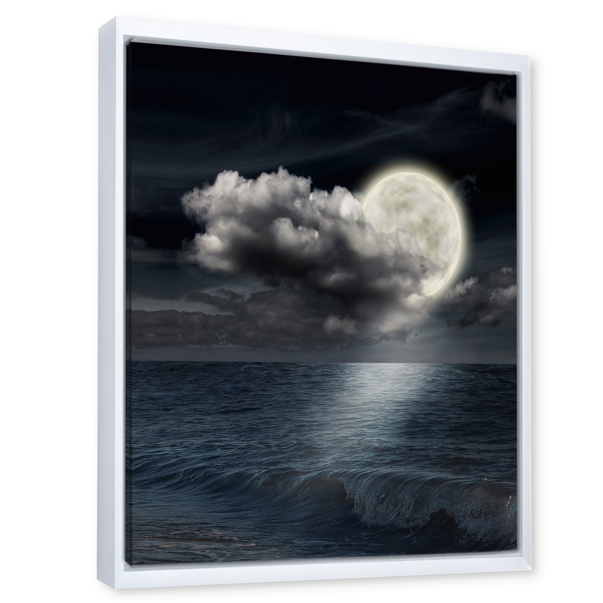 Designart 'Full Moon Night in Cloudy Sky VI' Nautical & Coastal Framed Canvas Wall Art Print